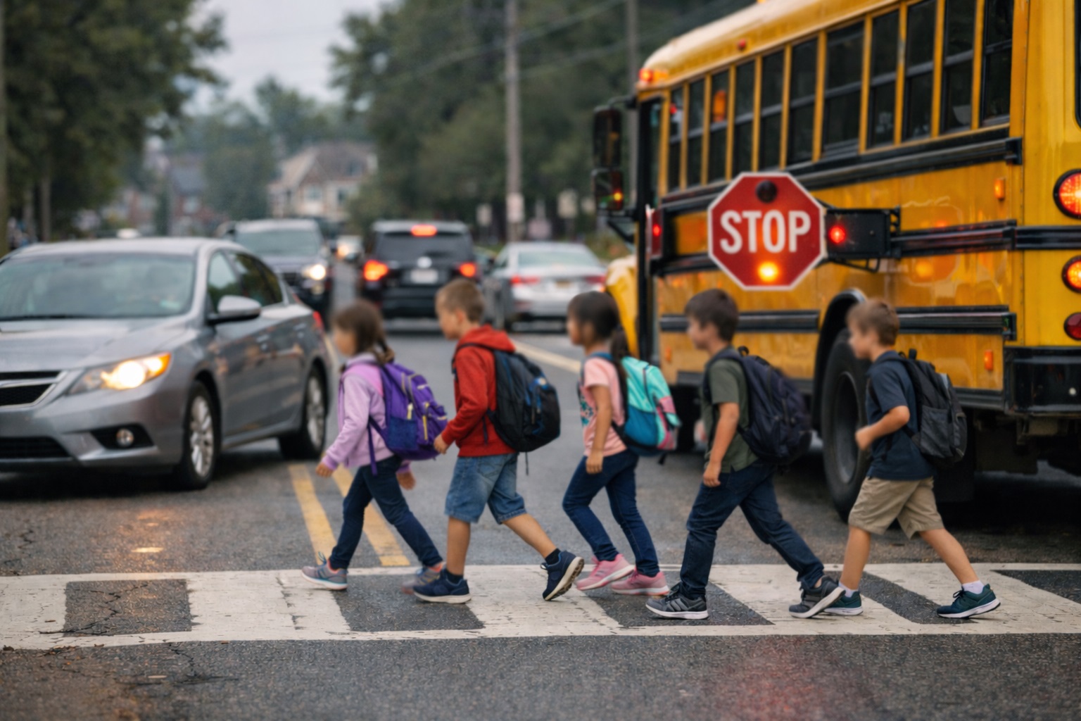 Students crossing the road during school commute